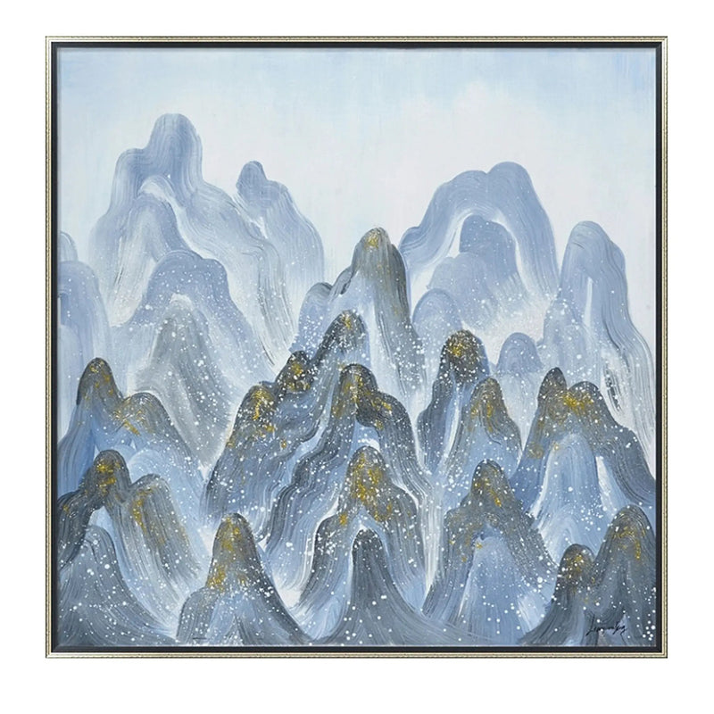 Hand Painted Acrylic Wall Art Blue Mountains on a 39 x 39 Square Canvas with a Silver Wooden Frame by Sharicks