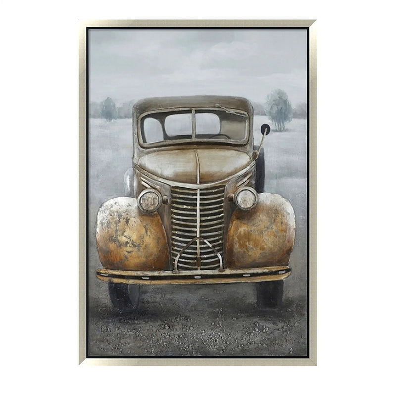 Hand Painted Acrylic and Aluminum 3D Wall Art Vintage Truck 39 x 59 Rectangular Canvas with a Grey Wooden Frame by Sharicks