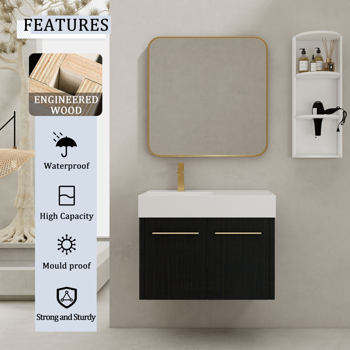 Modern Wall Mounted Bathroom Vanity with Resin Sink and Storage Rack - Black, photo 10 of 12