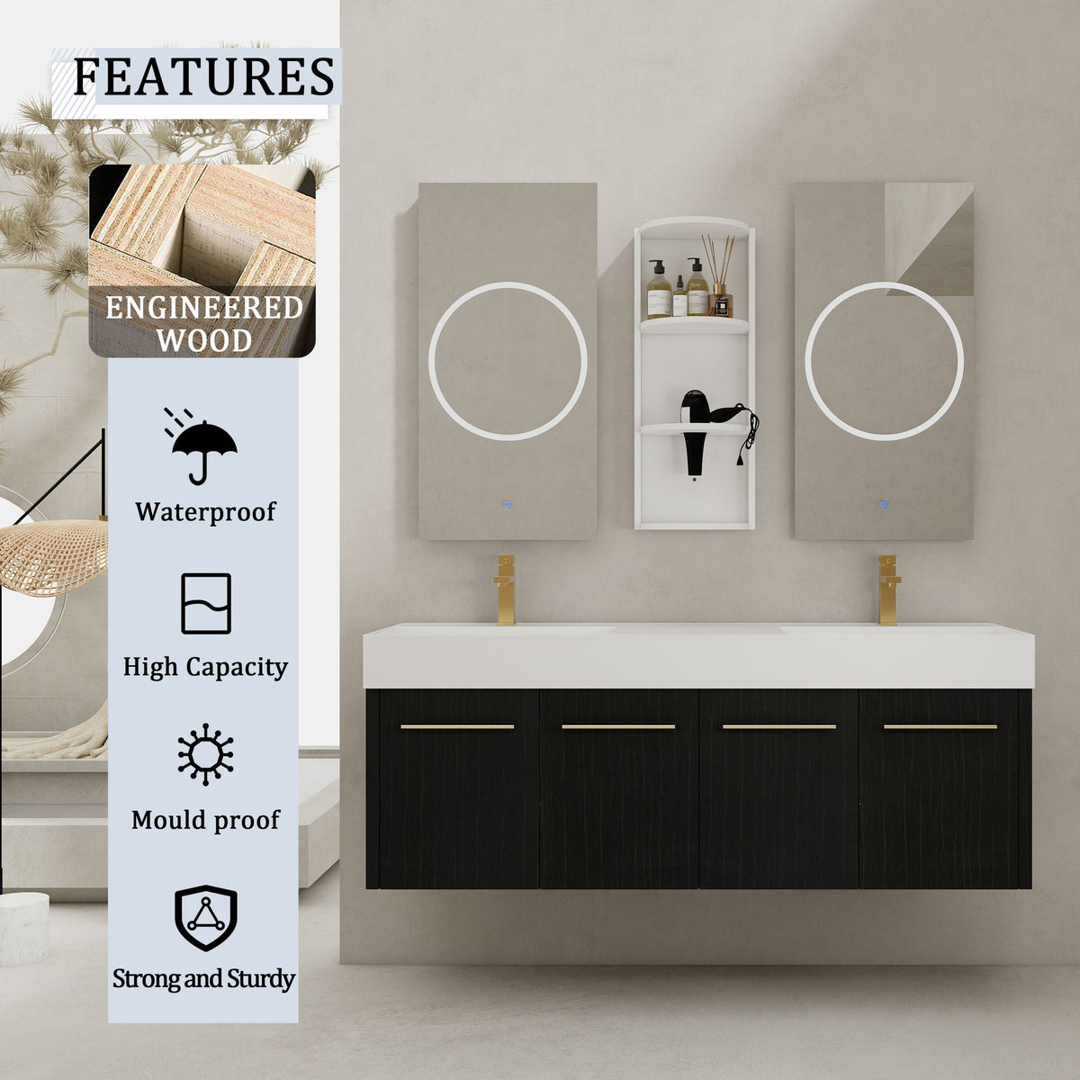Modern Wall Mounted Bathroom Vanity with Resin Sink and Storage Rack - Black, photo 5 of 12