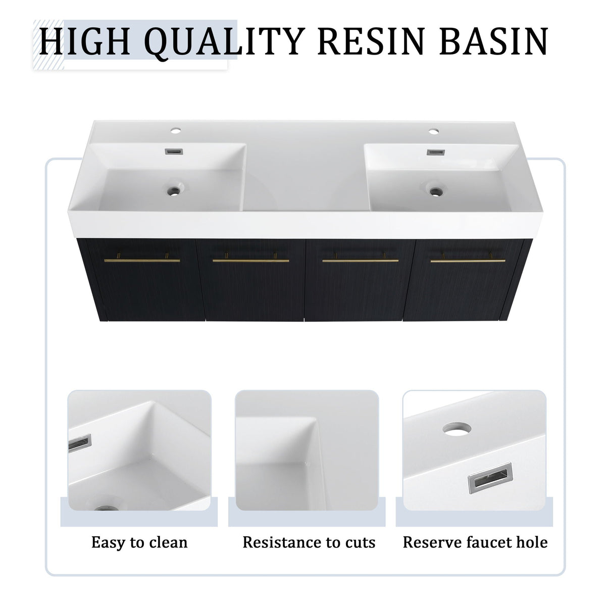 Modern Wall Mounted Bathroom Vanity with Resin Sink and Storage Rack - Black, photo 6 of 12