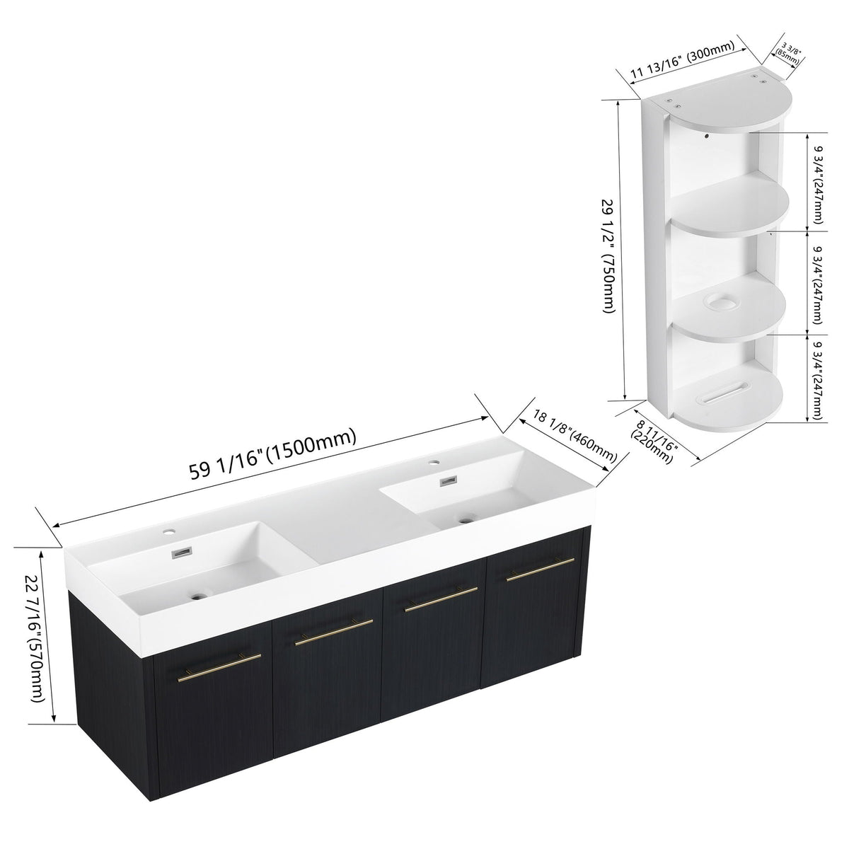Modern Wall Mounted Bathroom Vanity with Resin Sink and Storage Rack - Black, photo 8 of 12