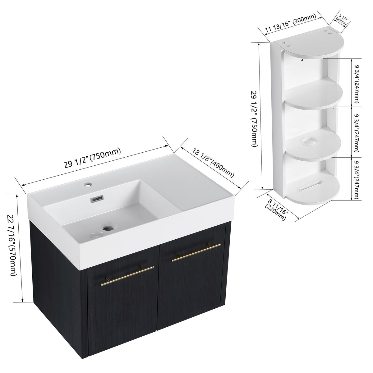 Modern Wall Mounted Bathroom Vanity with Resin Sink and Storage Rack - Black, photo 9 of 12