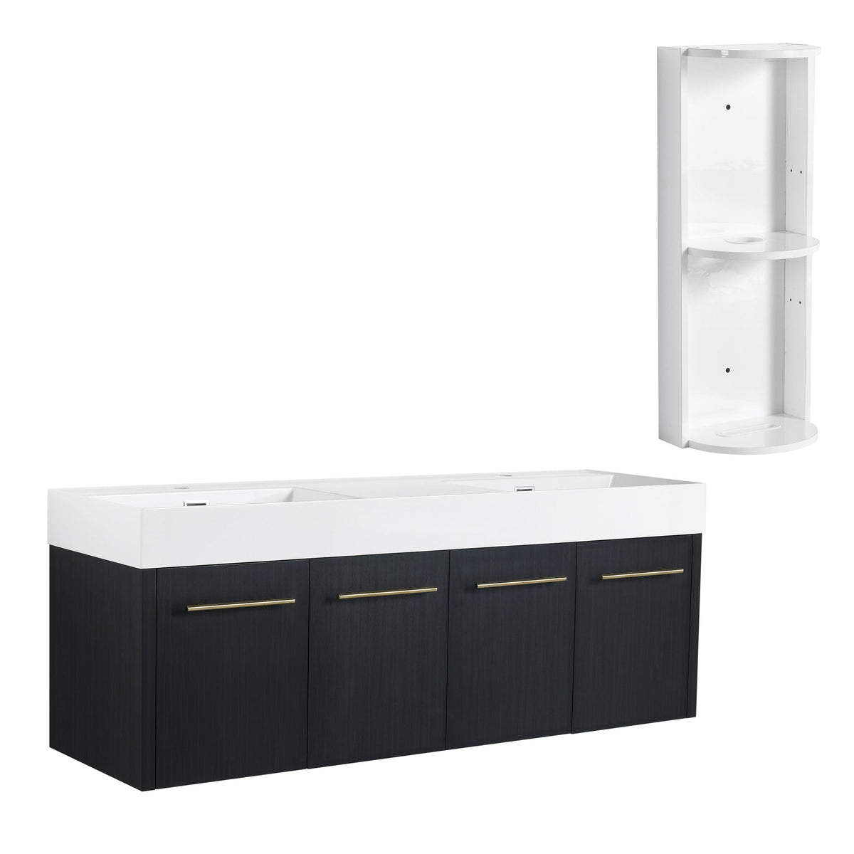 Modern Wall Mounted Bathroom Vanity with Resin Sink and Storage Rack - Black, photo 2 of 12