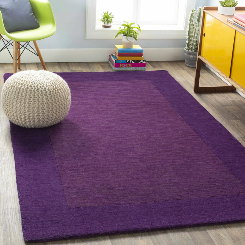 Bordered Solid Plum Purple Wool Rug by Boutique Rugs