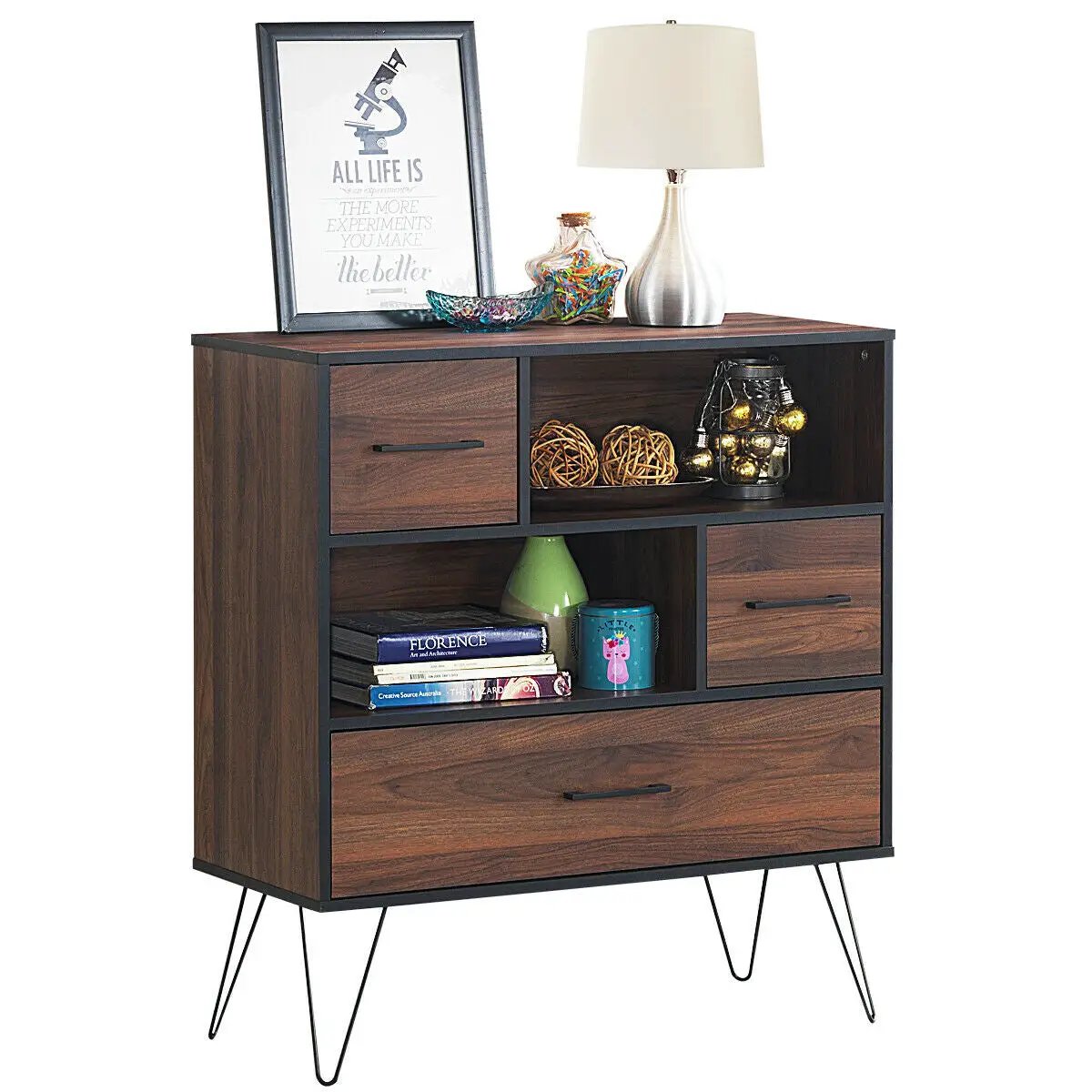 3-Tier Wood Storage Cabinet with Drawers and 4 Metal Legs by DirectDeals