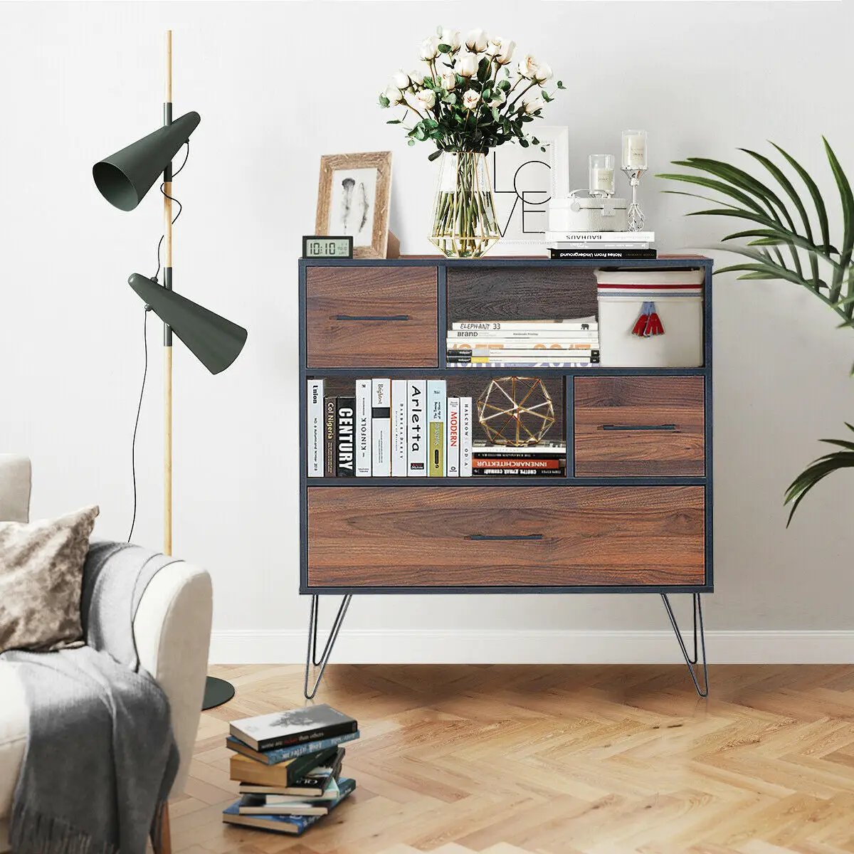 3-Tier Wood Storage Cabinet with Drawers and 4 Metal Legs by DirectDeals