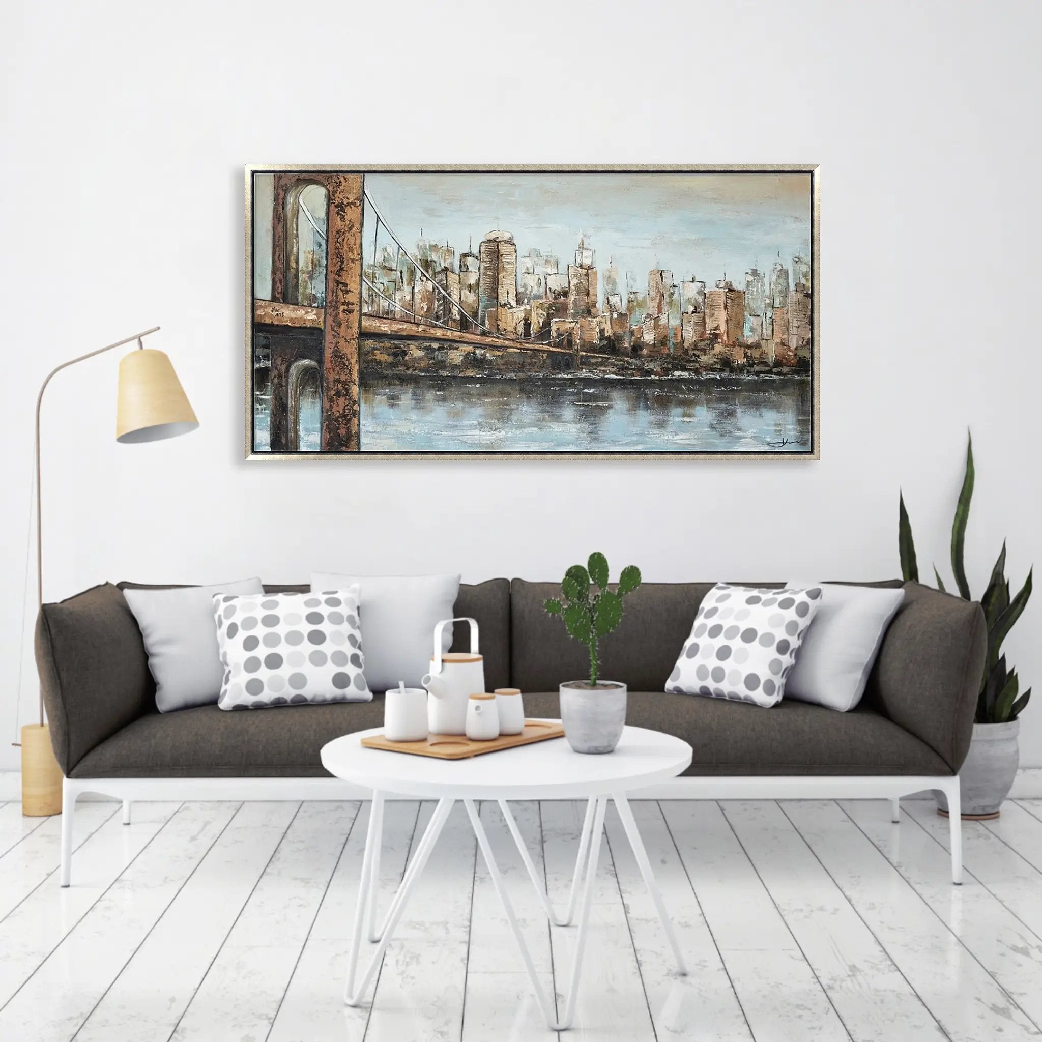 Hand Painted Acrylic Wall Art New York Cityscape on a 55 x 28 Rectangular Canvas with a Champagne Wooden Frame by Sharicks