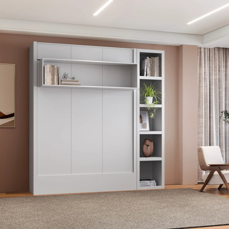 Easy-Lift Full Murphy Wall Bed in White with Bookshelf by Sharicks