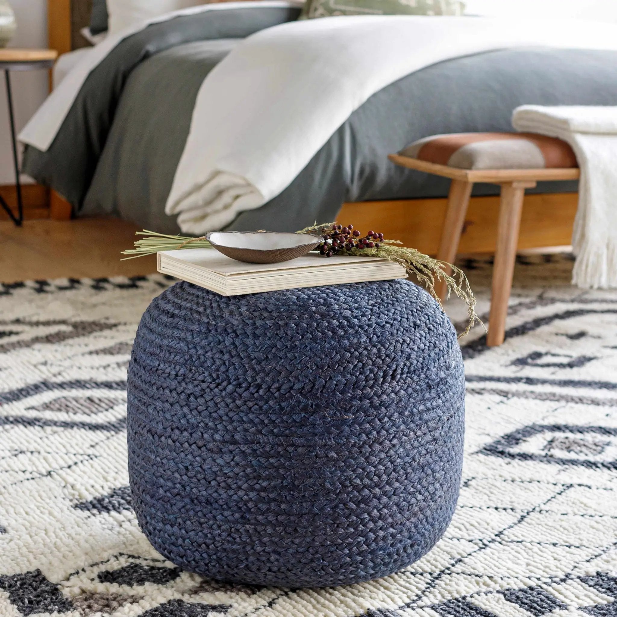 Gail Navy Jute Knitted Pouf by Boutique Rugs