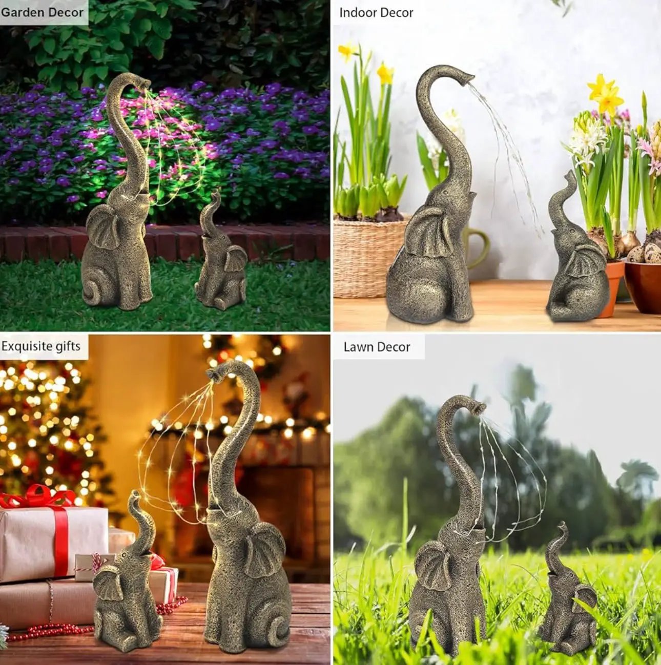 Garden Statues Elephant Decor with LED Solar Lights - Set of 2 Good Luck Christmas Elephant by Outdoor Solar Outlet