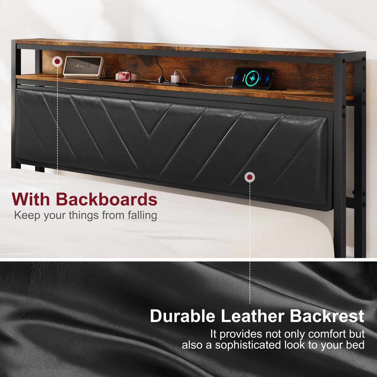 Full Size Metal Platform Bed Frame with Adjustable Upholstered Headboard, photo 7 of 10
