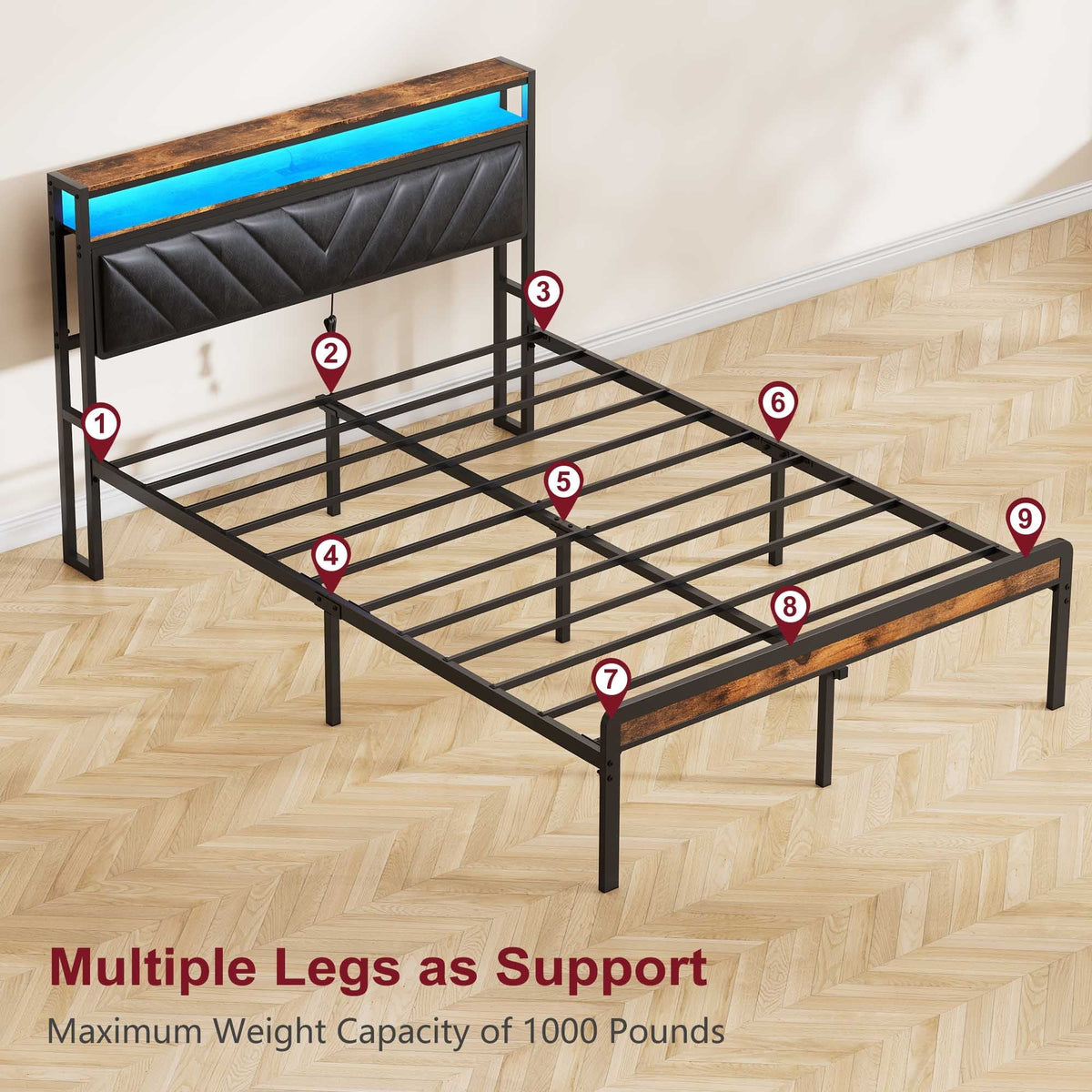 Full Size Metal Platform Bed Frame with Adjustable Upholstered Headboard, photo 9 of 10
