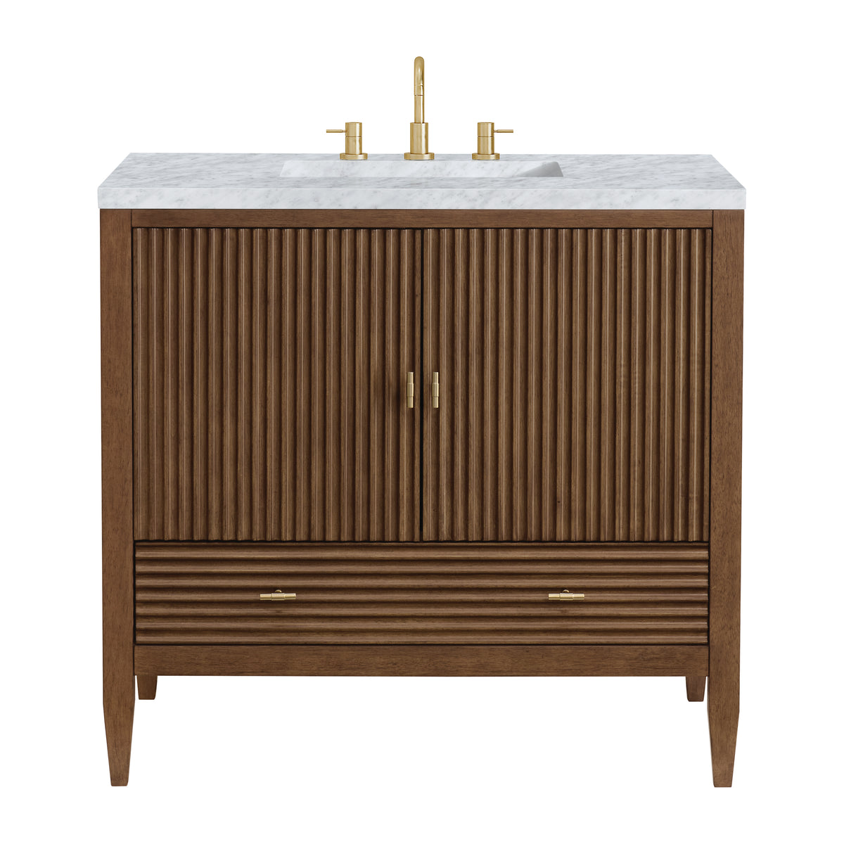 James Martin Myrrin 36" Single Bathroom Vanity, Mid-Century Walnut with Carrara White countertop