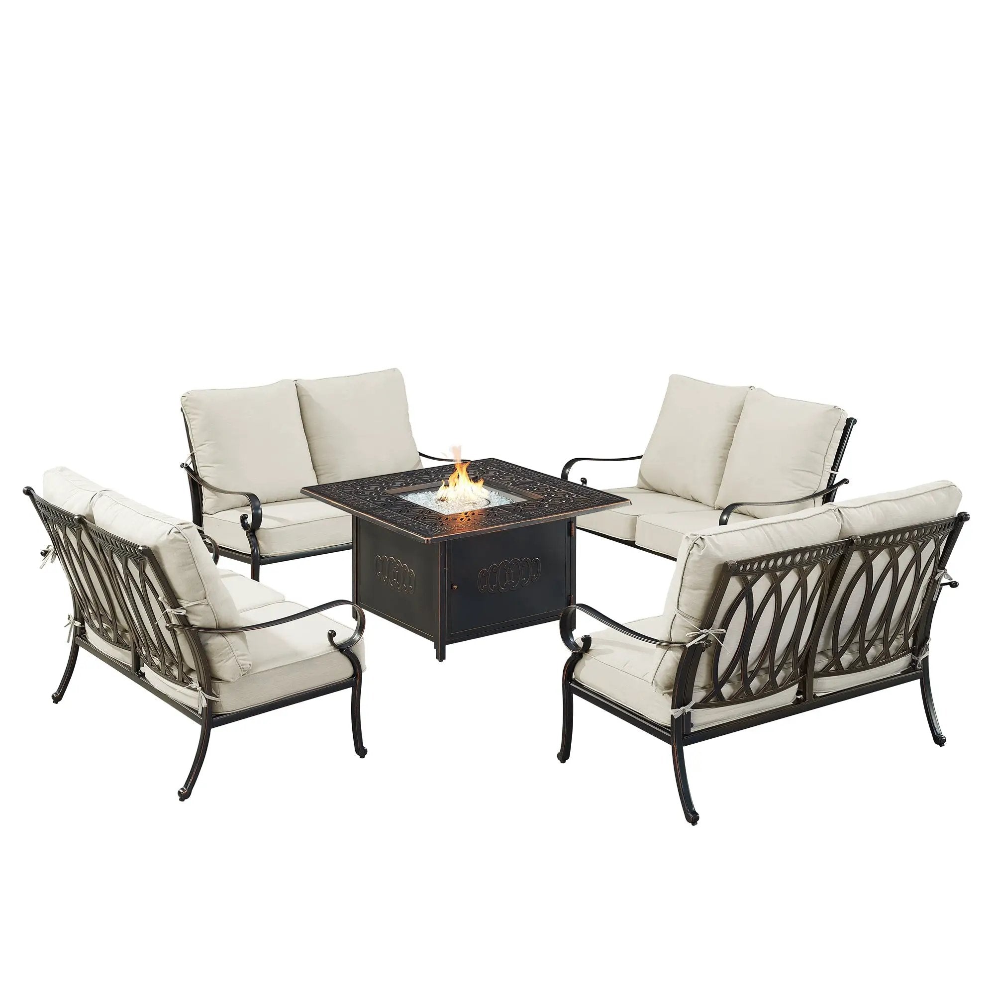 Black Aluminum Fire Table Set with Four Deep Seating Loveseats by Sharicks