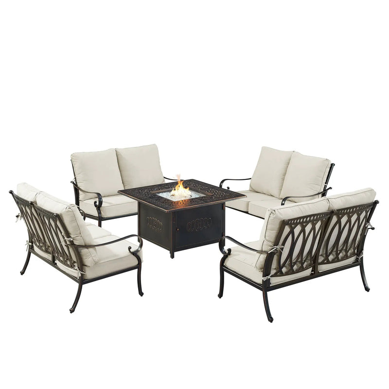 Black Aluminum Fire Table Set with Four Deep Seating Loveseats by Sharicks