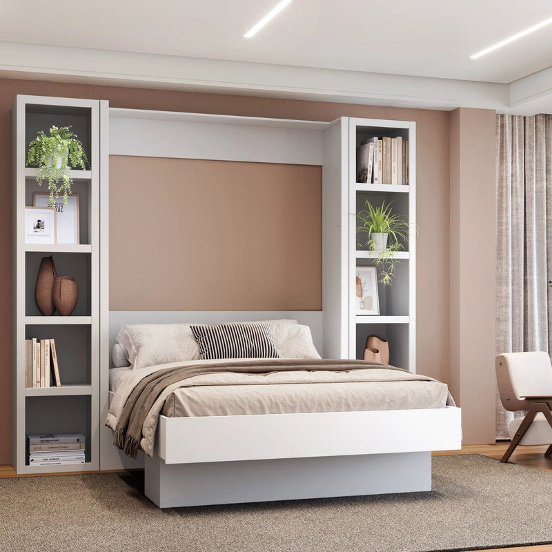 Easy-Lift Full Murphy Wall Bed in White with Two Bookshelves by Sharicks