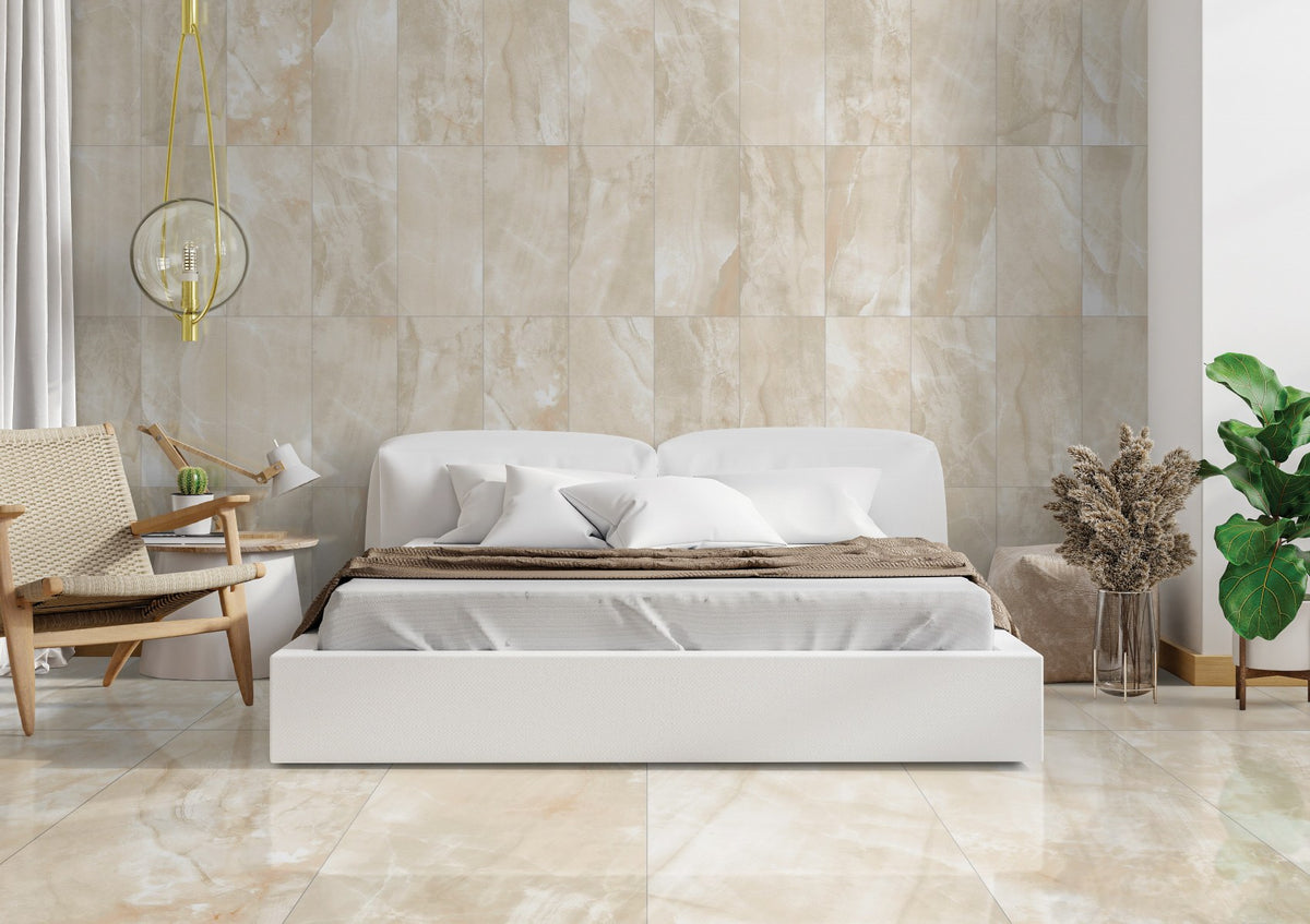 Gemma Beige Onyx Honed Marble Look Cove Base Porcelain Trim 6x12 installed in a bedroom