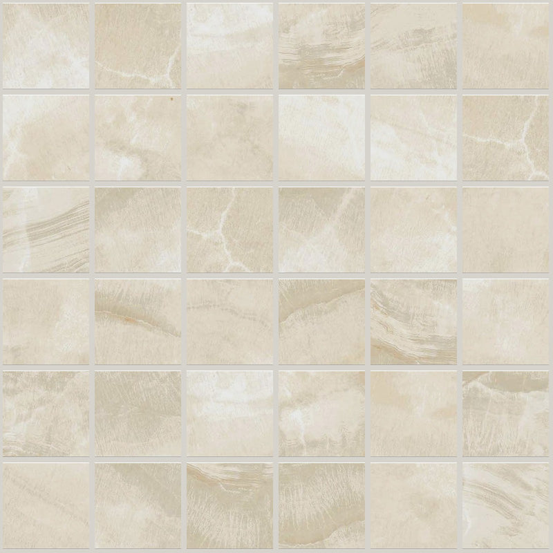 Gemma Beige Onyx Polished 2x2 Marble Look Porcelain Mosaics 12x12 mosaic sheet