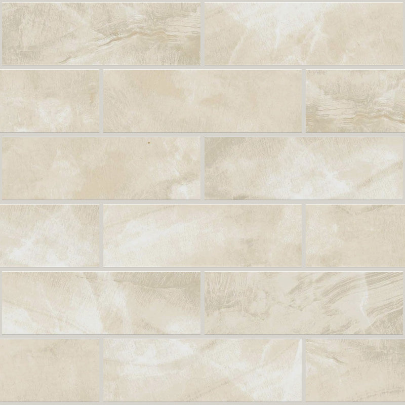 Gemma Beige Onyx Polished 2x6 Marble Look Porcelain Mosaics 12x12 mosaic sheet