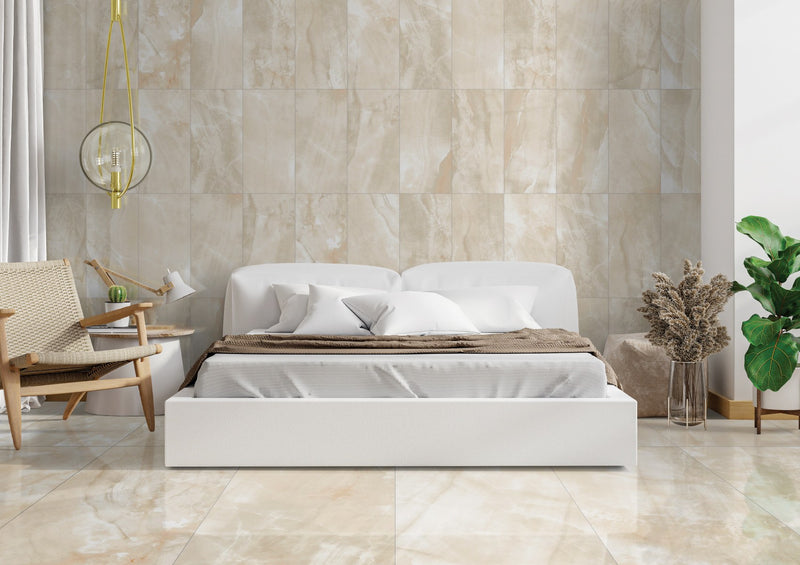 Gemma Beige Onyx Polished Marble Look Bullnose Porcelain Trim 3x24 installed in a bedroom