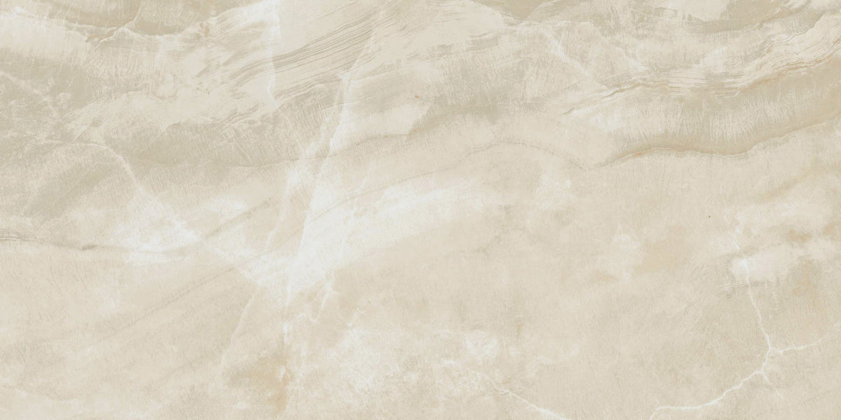 Gemma Beige Onyx Polished Marble Look Porcelain Tiles 24x48 close up