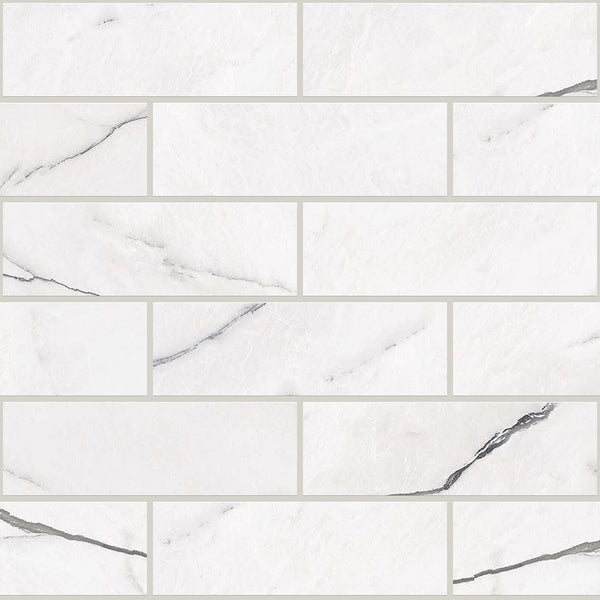 Gemma Bianca Polished 2x6 Marble Look Porcelain Mosaics 12x12