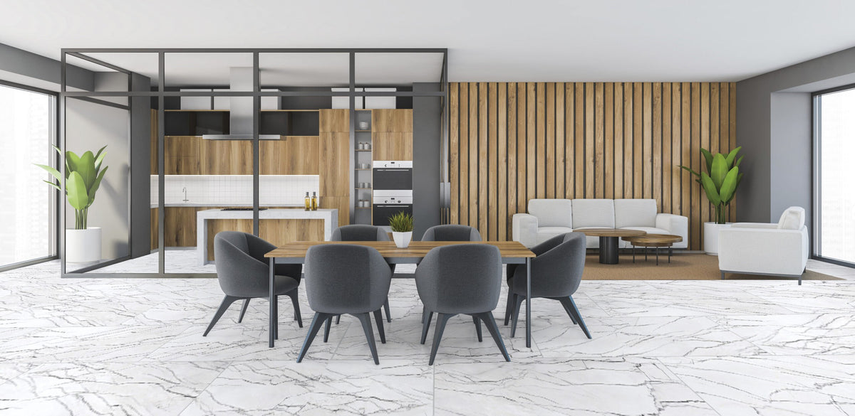 Gemma Bianca Polished Marble Look Porcelain Tiles 24x48 installed in a dining room, view 2