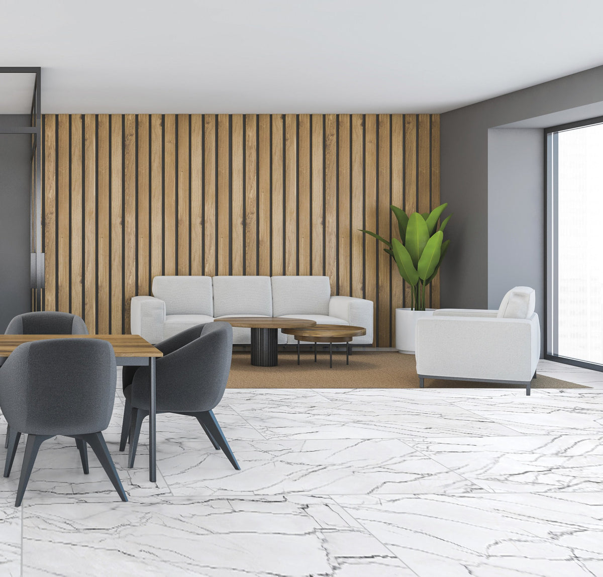 Gemma Bianca Polished Marble Look Porcelain Tiles 24x48 installed in a dining room