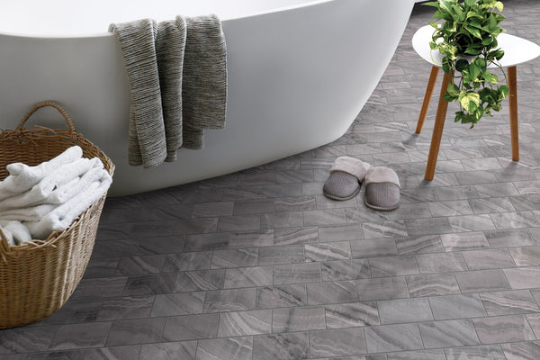 Gemma Grey Onyx Honed 2x6 Marble Look Porcelain Mosaics 12x12 installed in a bathroom