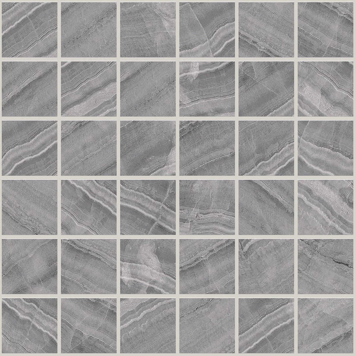Gemma Grey Onyx Polished 2x2 Marble Look Porcelain Mosaics 12x12 mosaic sheet
