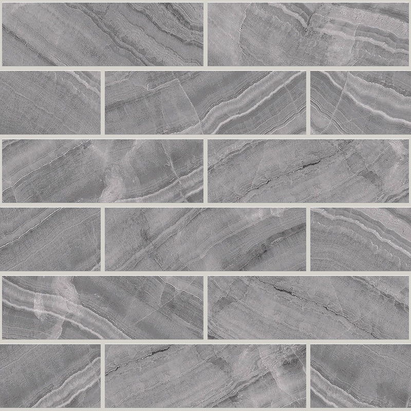 Gemma Grey Onyx Polished 2x6 Marble Look Porcelain Mosaics 12x12 mosaic sheet