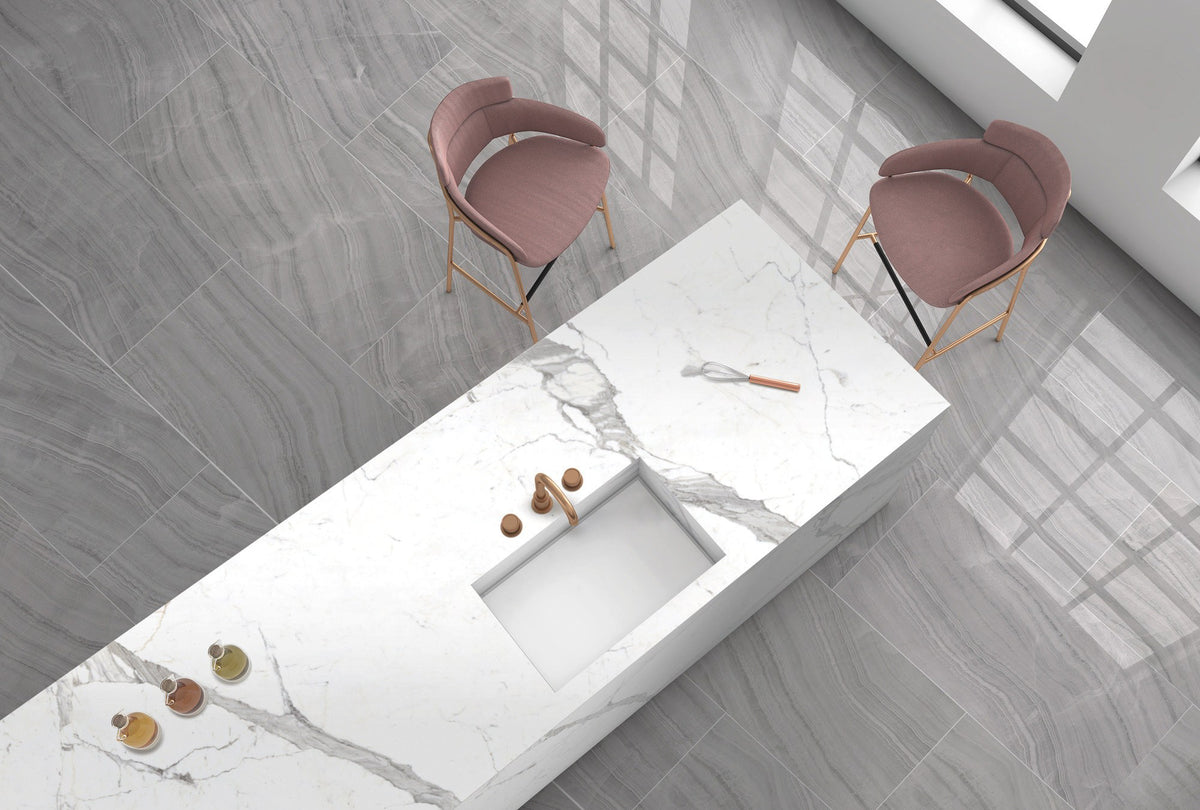 Gemma Grey Onyx Polished Marble Look Bullnose Porcelain Trim 3x24 installed in a kitchen