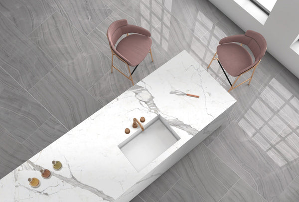 Gemma Grey Onyx Polished Marble Look Porcelain Tiles 24x48 installed in a kitchen