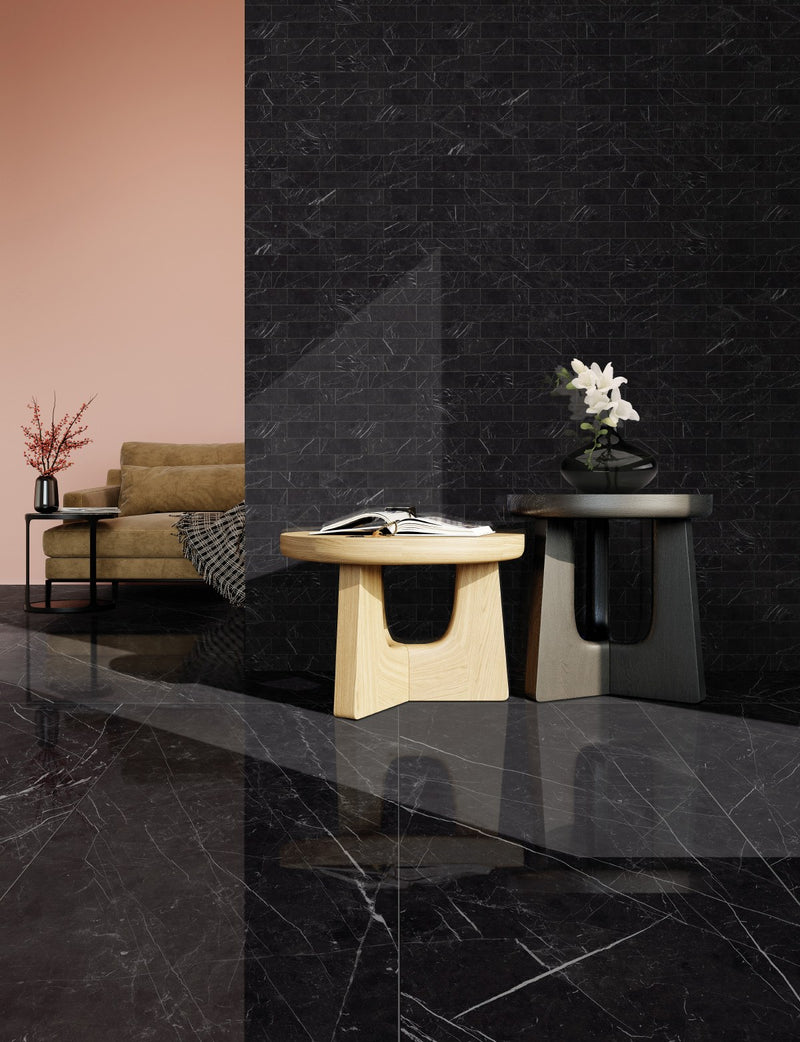 Gemma Notte Honed 2x6 Marble Look Porcelain Mosaics 12x12 installed in a living room, view 2