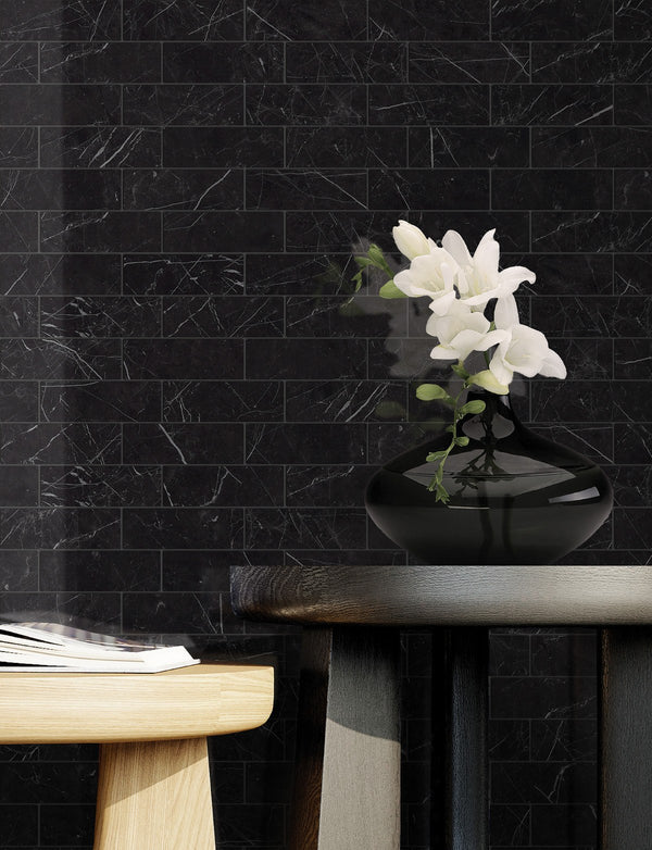 Gemma Notte Polished 2x6 Marble Look Porcelain Mosaics 12x12 installed in a living room