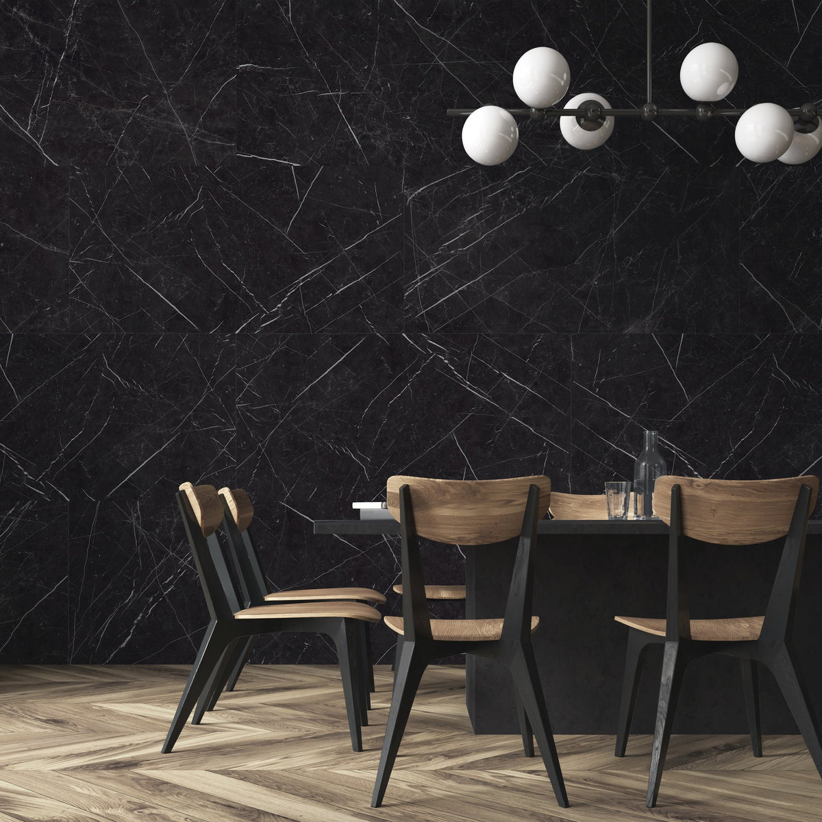 Gemma Notte Polished Marble Look Porcelain Tiles 12x24 installed in a dining room