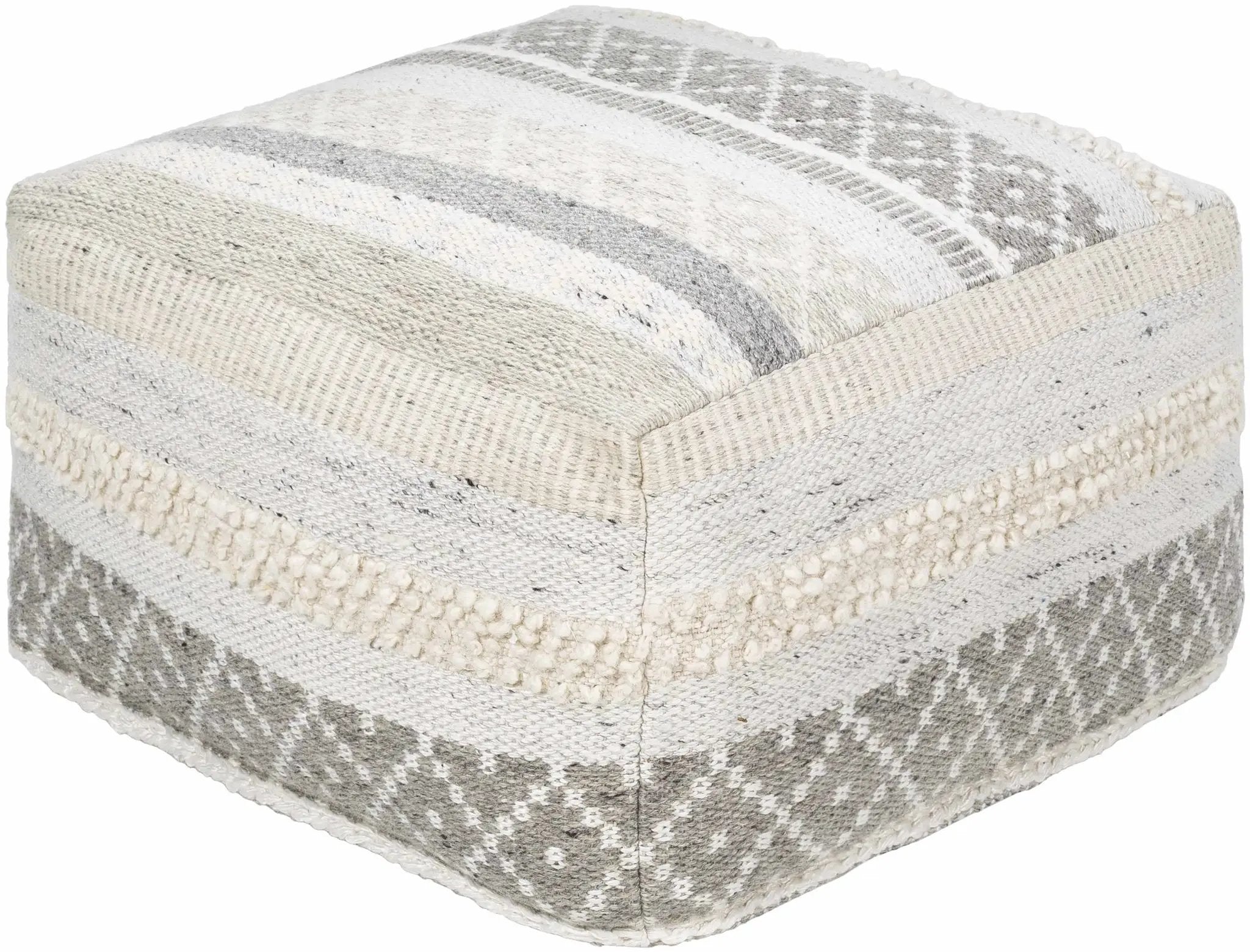 Geyser Woven White Gray Cotton Pouf - Clearance by Boutique Rugs