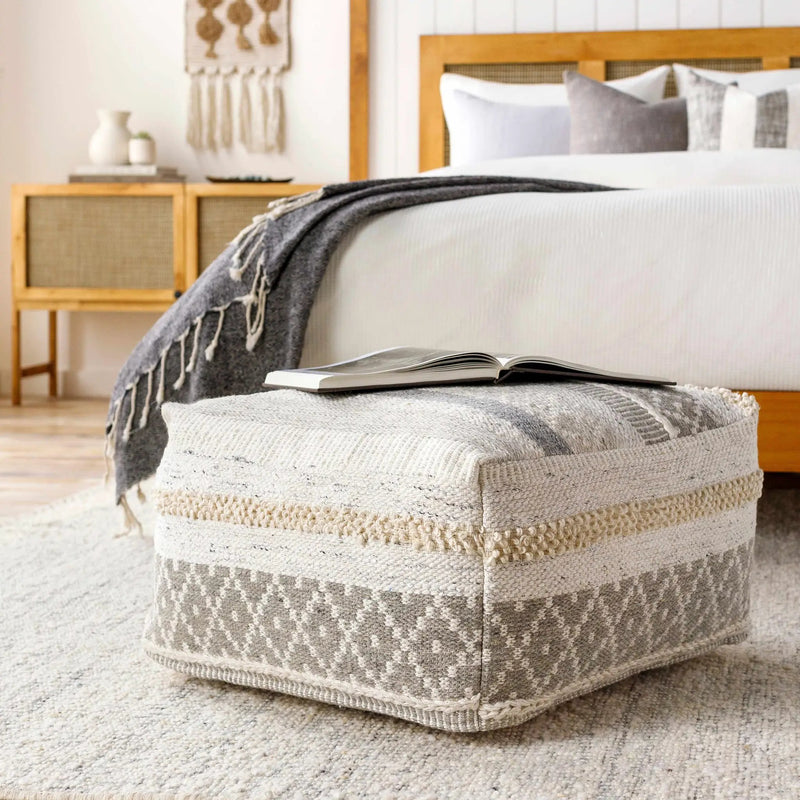 Geyser Woven White Gray Cotton Pouf - Clearance by Boutique Rugs