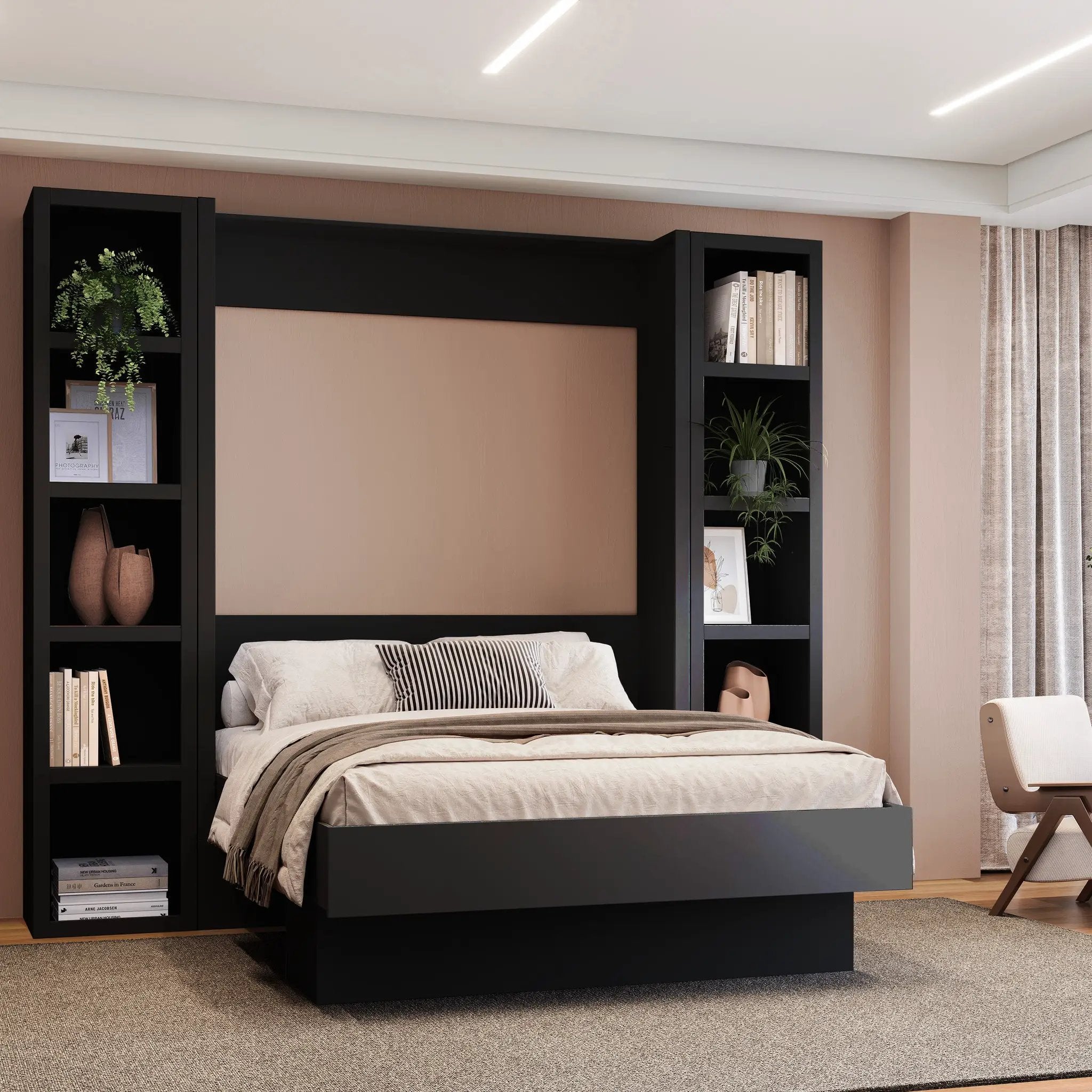 Easy-Lift Full Murphy Wall Bed in Black with Two Bookshelves by Sharicks