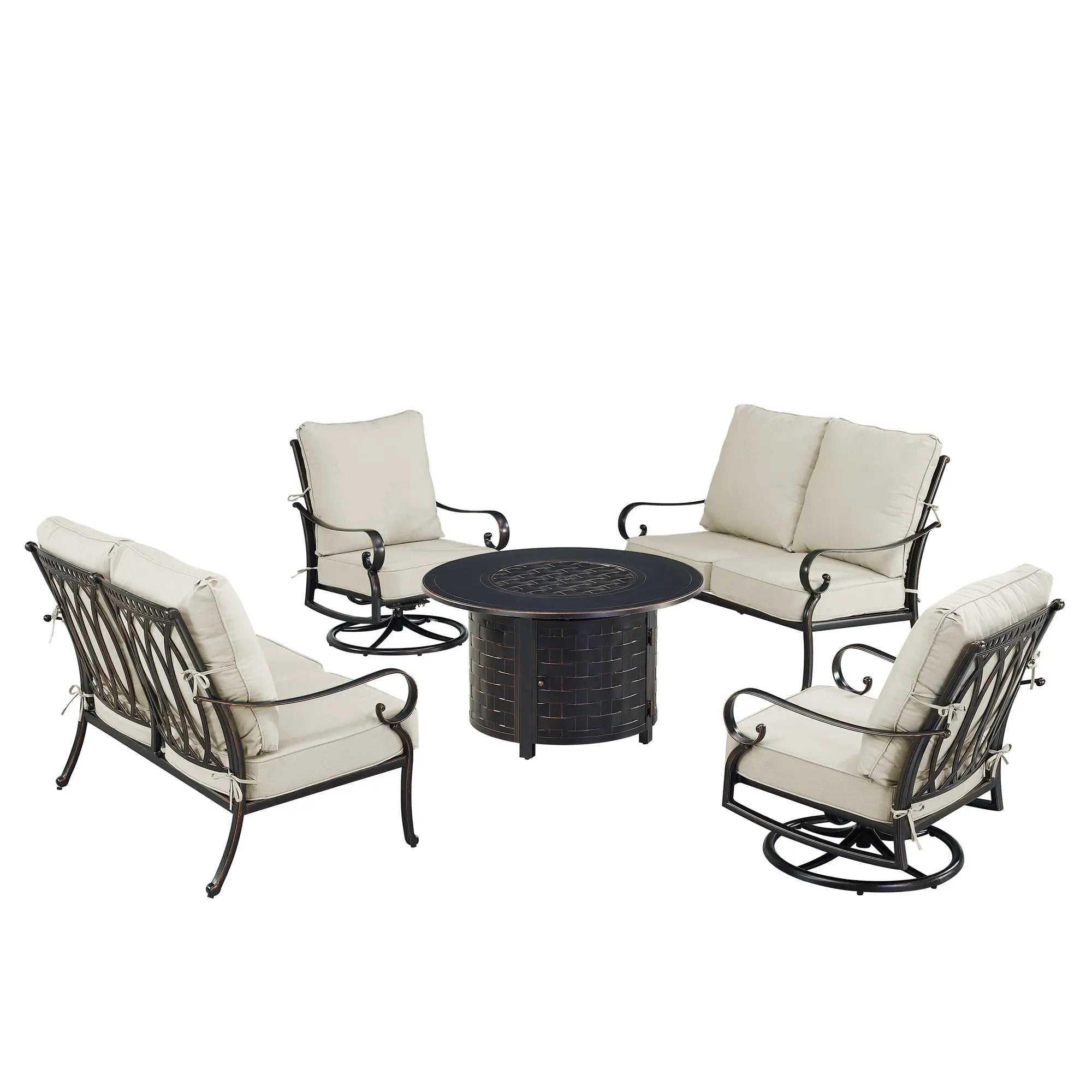 Black Aluminum Fire Table Set with Two Loveseats and Two Club Chairs by Sharicks