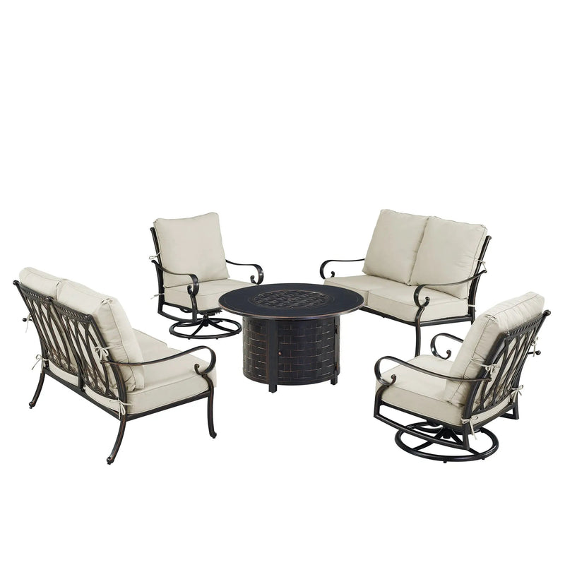 Black Aluminum Fire Table Set with Two Loveseats and Two Club Chairs by Sharicks