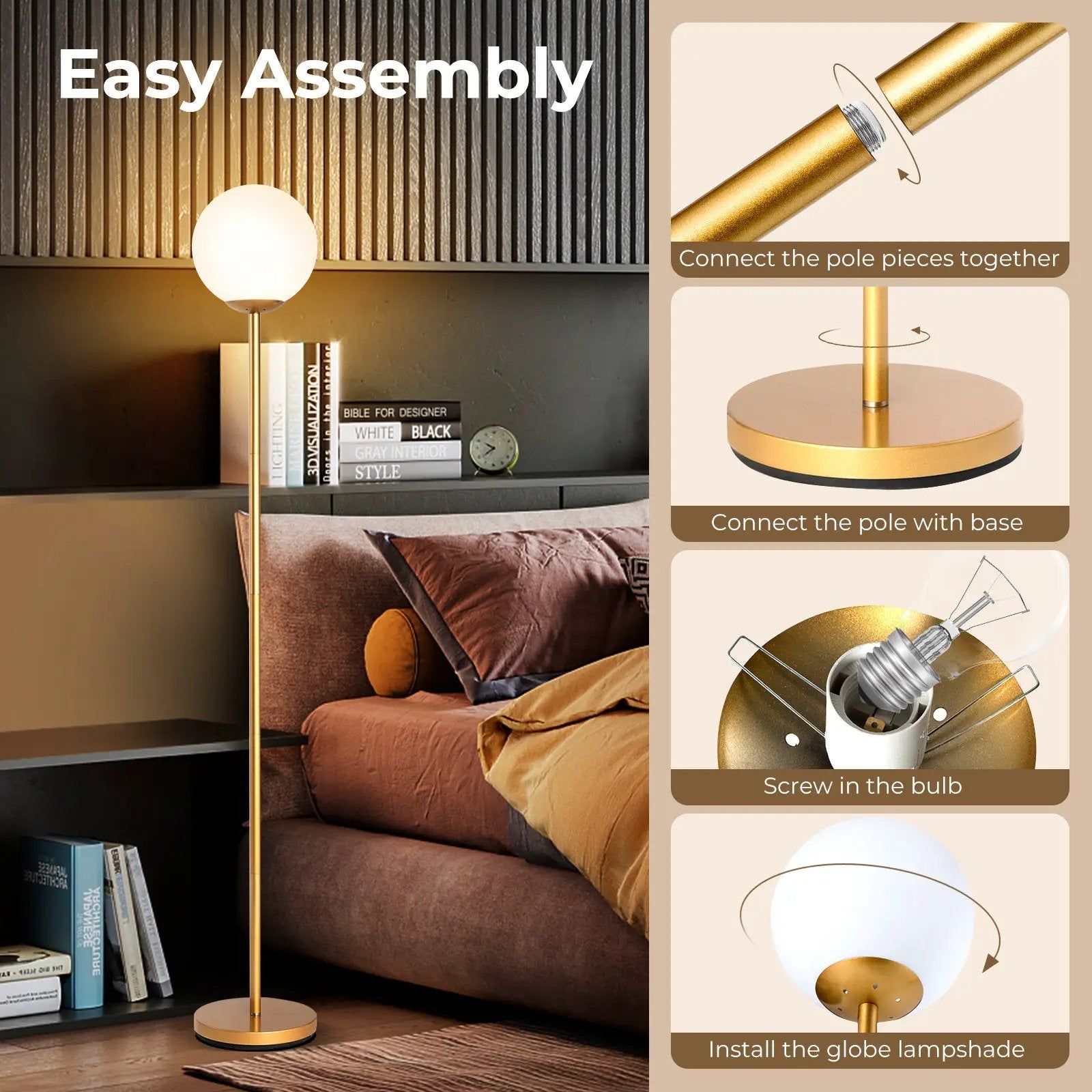Glass Globe LED Floor Lamp with Glass Lampshade-Golden by DirectDeals