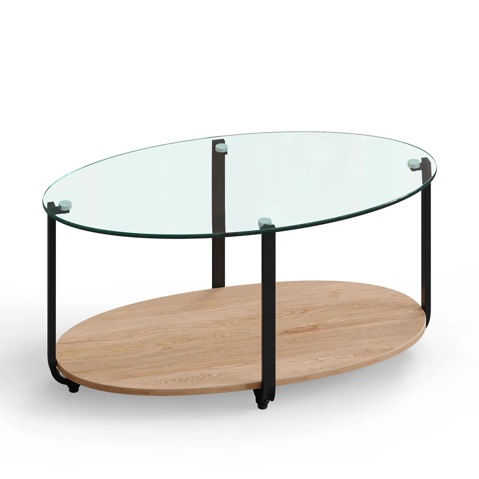 2-Tier Glass-Top Oval Coffee Table with Wooden Shelf for Living Room by DirectDeals