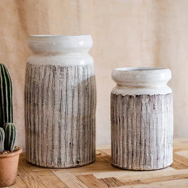 Glazed Ceramic Abstract Brown Stripe White Vase by RusticReach