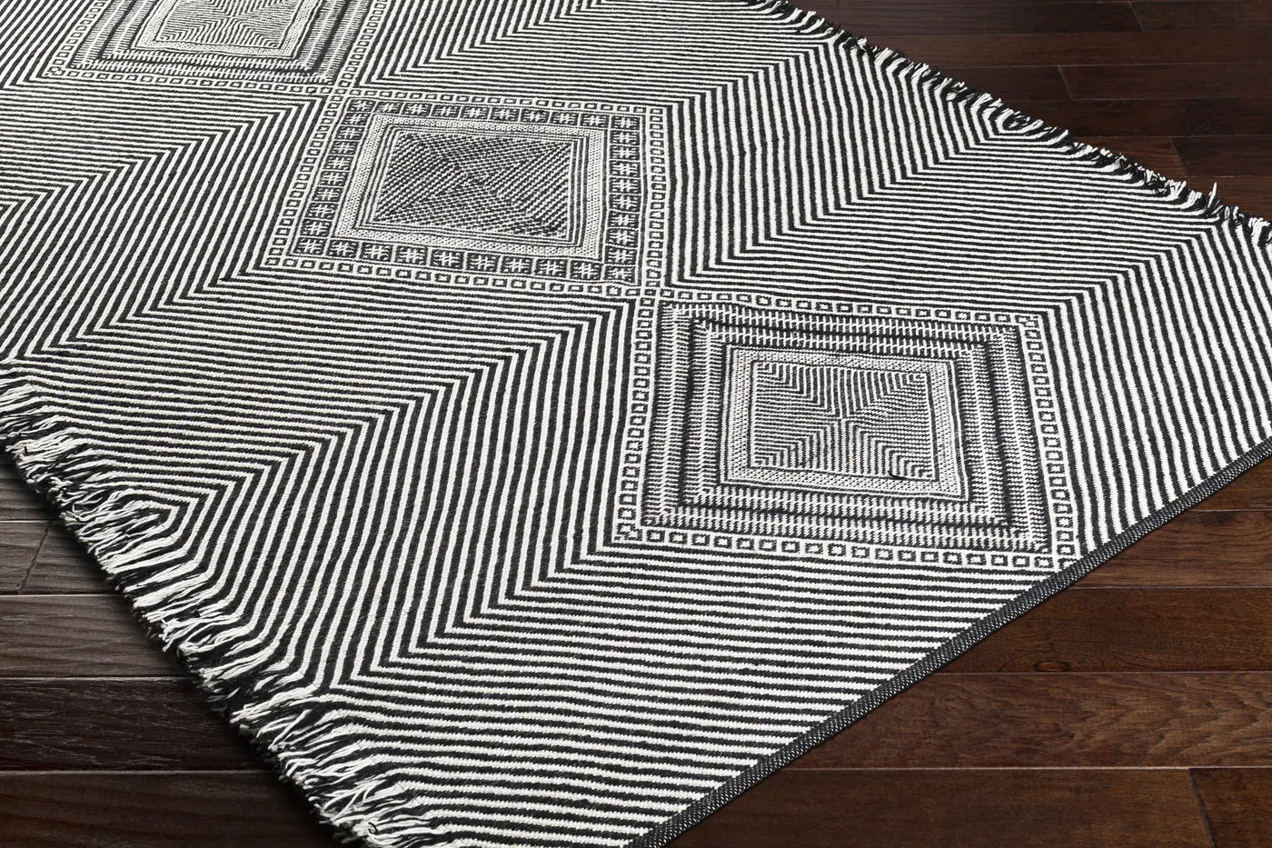 Eaglesham Black&White Flatweave Tassel Wool Rug - Clearance by Boutique Rugs