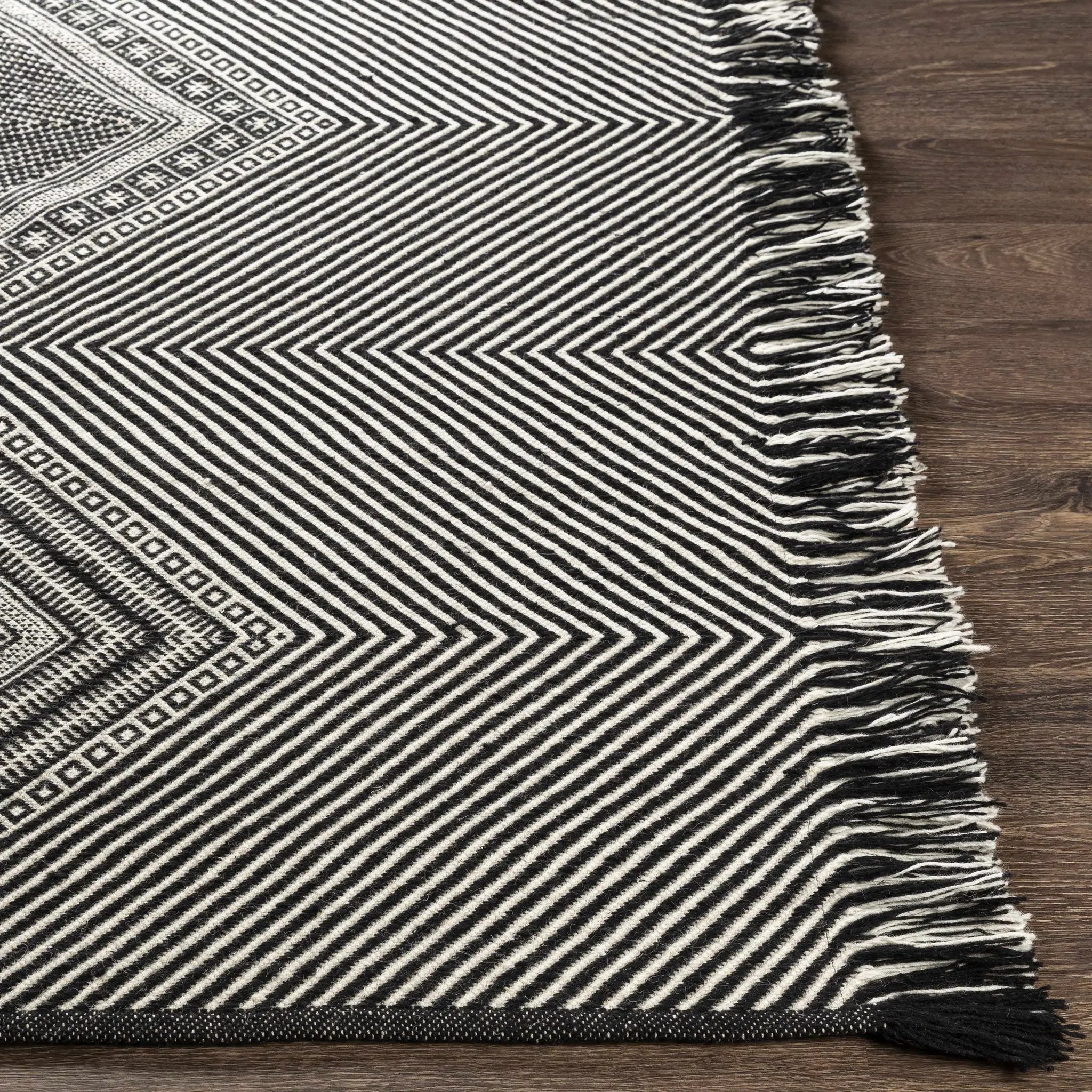 Eaglesham Black&White Flatweave Tassel Wool Rug - Clearance by Boutique Rugs