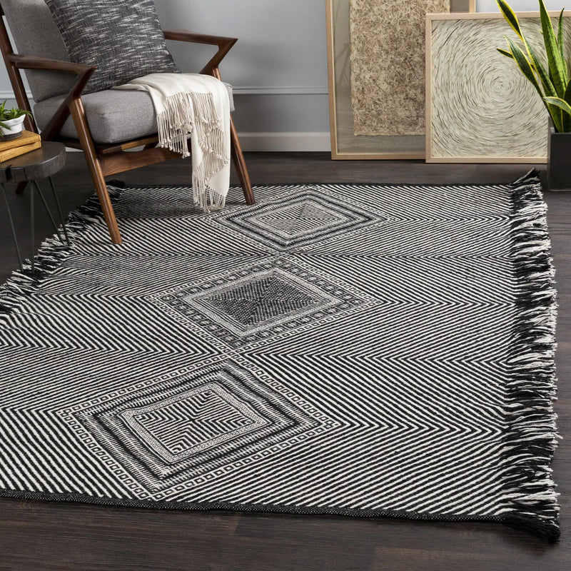 Eaglesham Black&White Flatweave Tassel Wool Rug - Clearance by Boutique Rugs