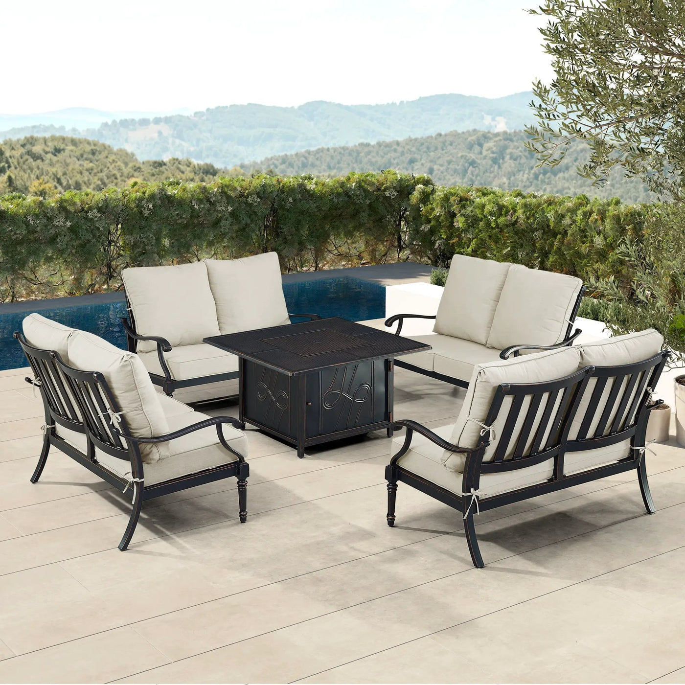 Black Aluminum Fire Table Set with Four Deep Seating Loveseats by Sharicks
