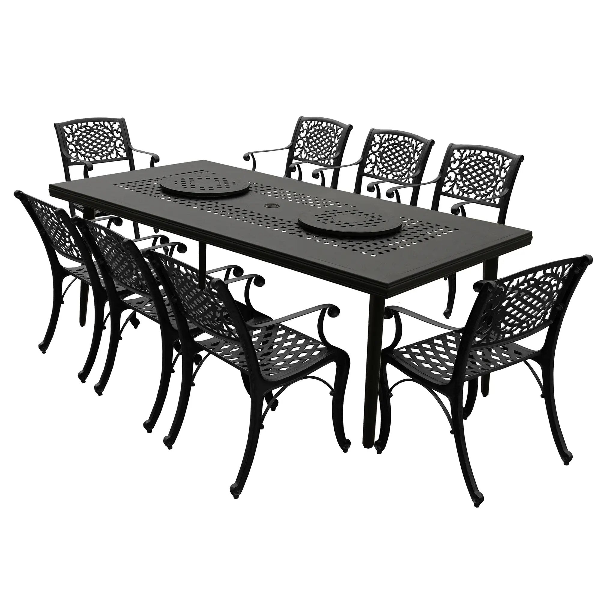 Aluminum 9pc Rectangular Patio Dining Set, Lazy Susans, Eight Chairs by Sharicks